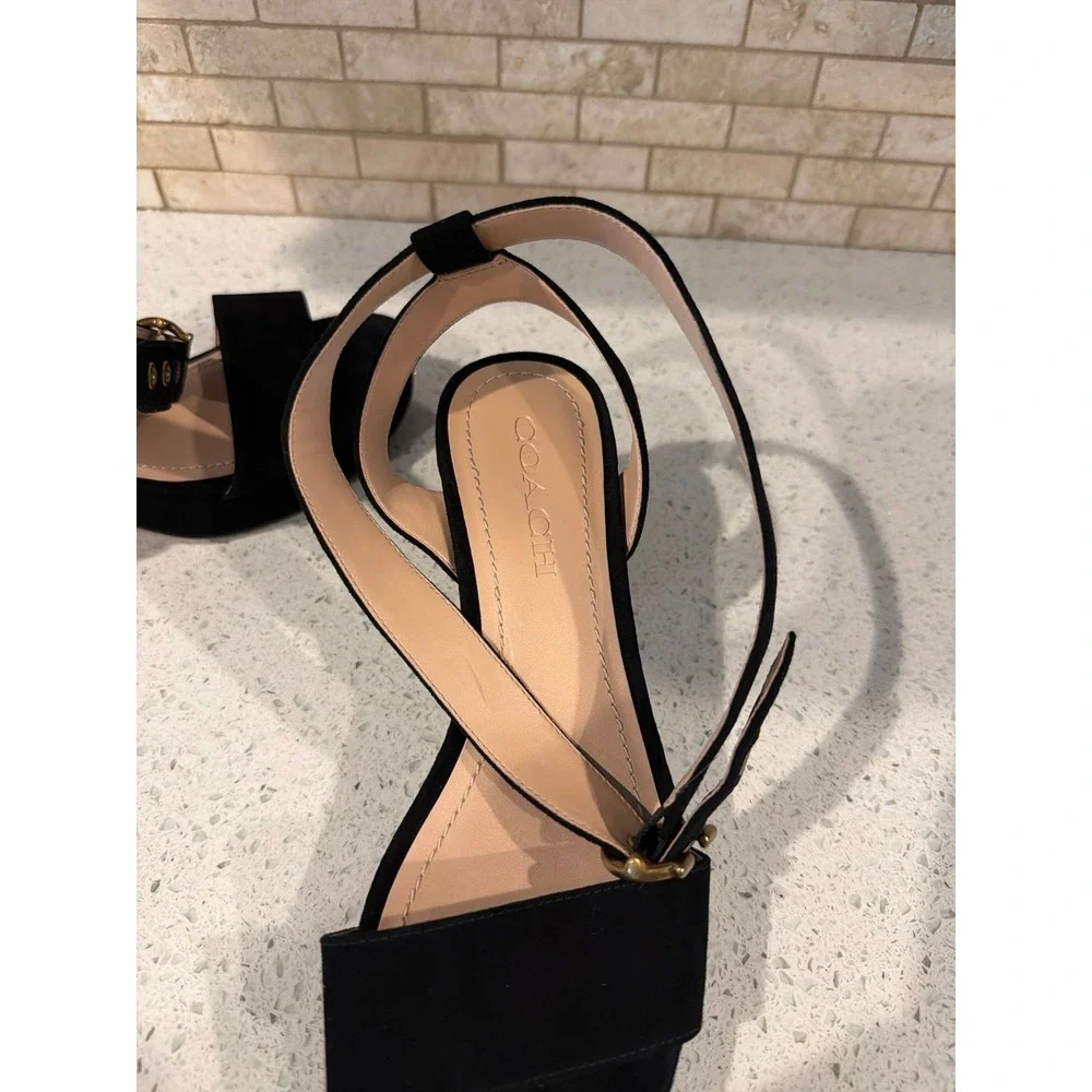 Coach Black Leather Ankle Strap Sandals Women's Block Heel